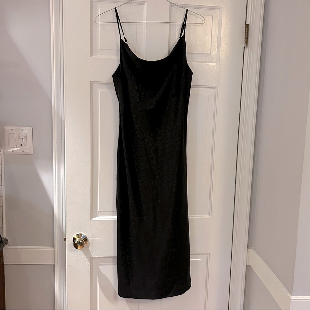 Emma & Michele Satin Black Leopard Print Spaghetti Strap Cowl Neck Slip Dress - Picture 5 of 8
